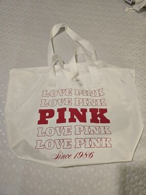 PINK Victoria's Secret White Tote with Pink Logo Text
